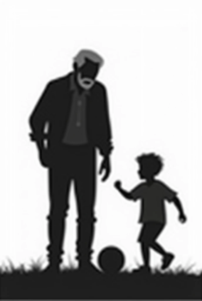 Black and white silhouette of a grandfather with his little grandson playing soccer