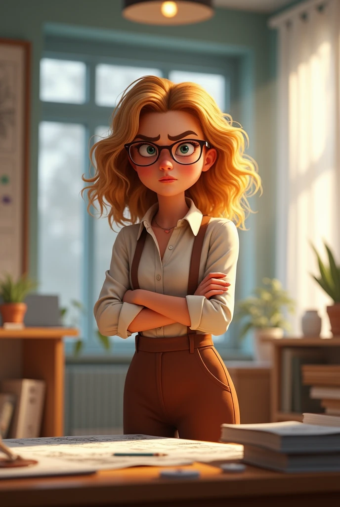 in an office environment, with interior design projects, a female architect with a round face, medium length blonde curly hair and round glasses with arms crossed and angry expression in disney pixar style




