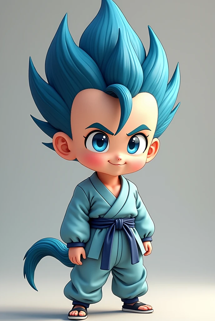 (photorealism:1.2), Cute, anime  child , wearing light blue dougi, with a blue tail,blue eyes, blue and black spikey hair, saiyan 