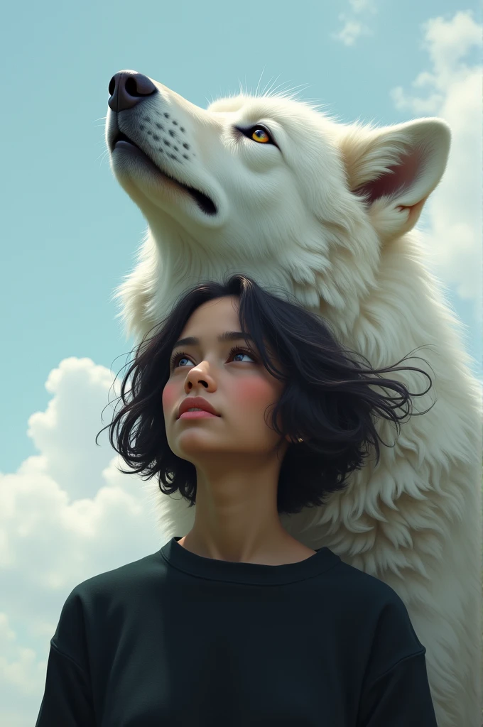 Une femme métisse avec une chemise noire cheveux courts yeux marrons clair qui regarde le ciel avec un loup blanc derrière avec des longs cheveux noirs 