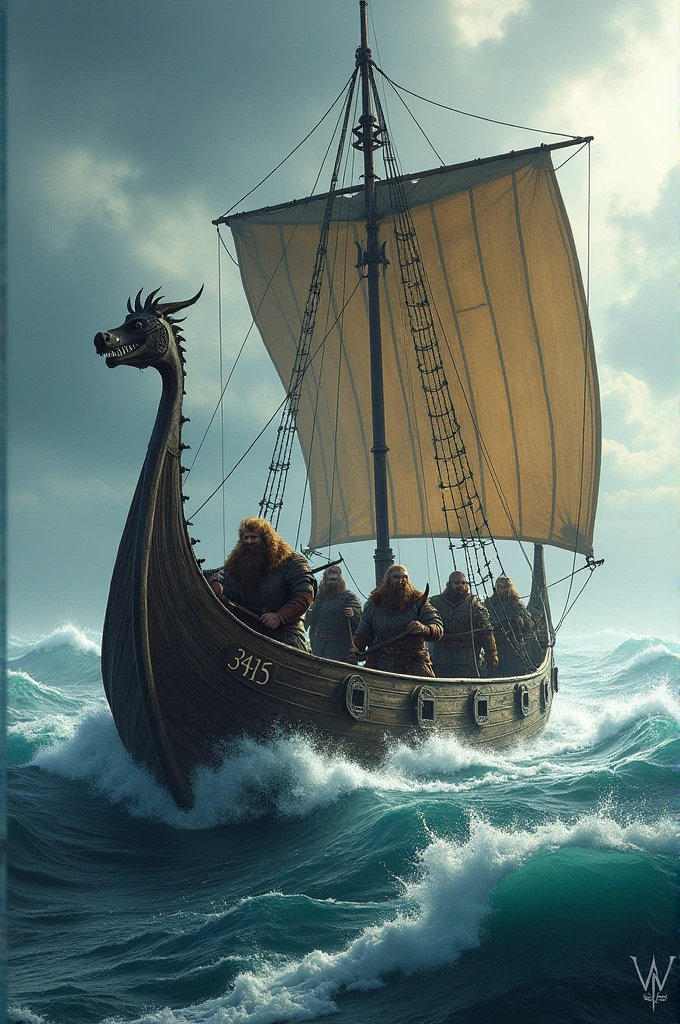 A Viking ship full of warriors with the inscription 3415 on the hull