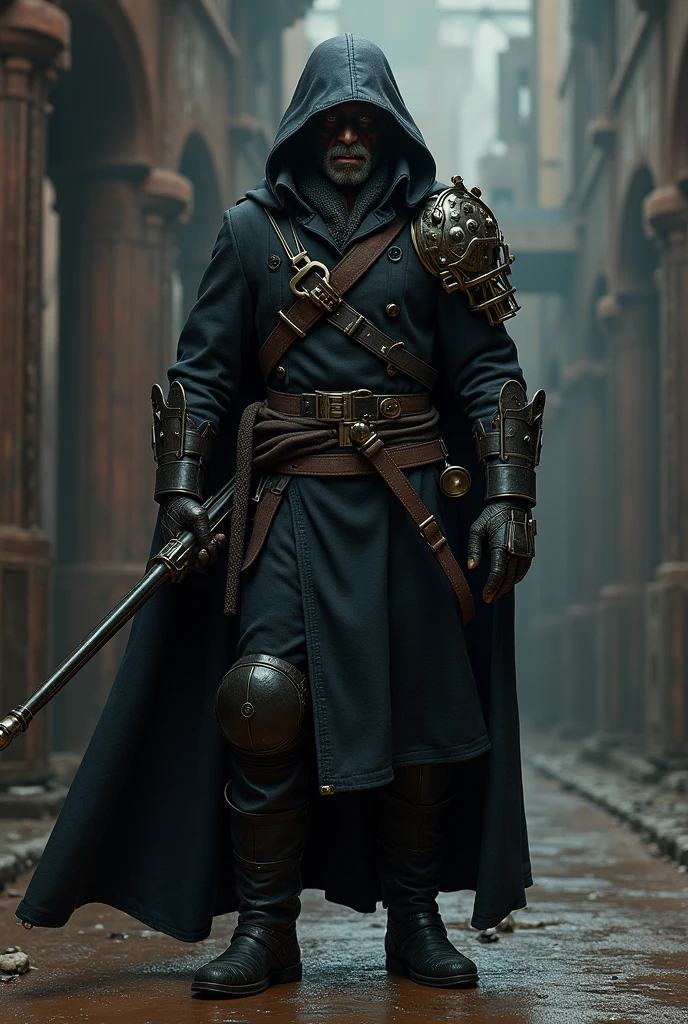 A Tormenta character of the Inventor class, whose weapon is a musket.
With the black clothes 