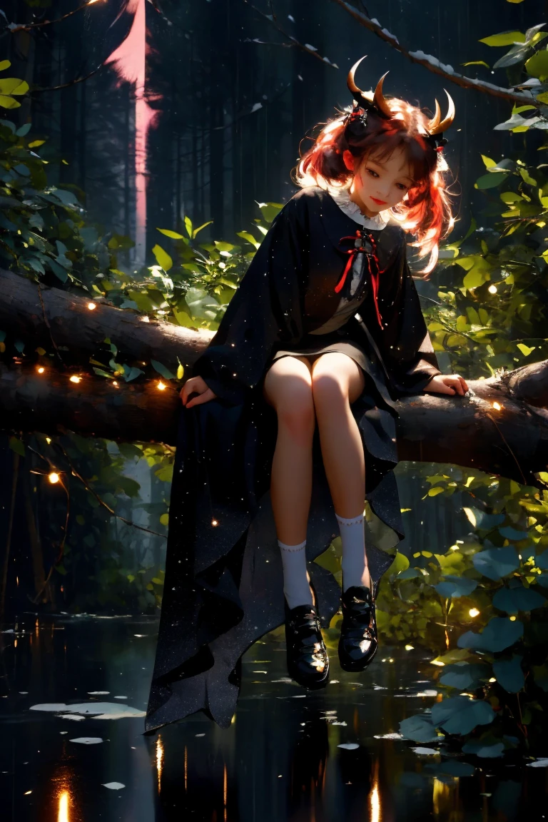 uhd, 4k, textured skin, good quality, High details, masterpiece, best quality, (Amazingly absurd:1.2), (masterpiece:1.2), 1 Vampire Girl sitting on tree branch looking down at viewer, sieht auf dich herunter, little wings, little horns, dress with ruffles, evil smirk, glowing eyes, shiny hair , fullbody, two colored hair, hairbow, black knee socks, Kawaiitech, soft colours, Kawaii, Beautiful colors, studio lighting, (Forest:1.5), (Rain:1), (Night:2),