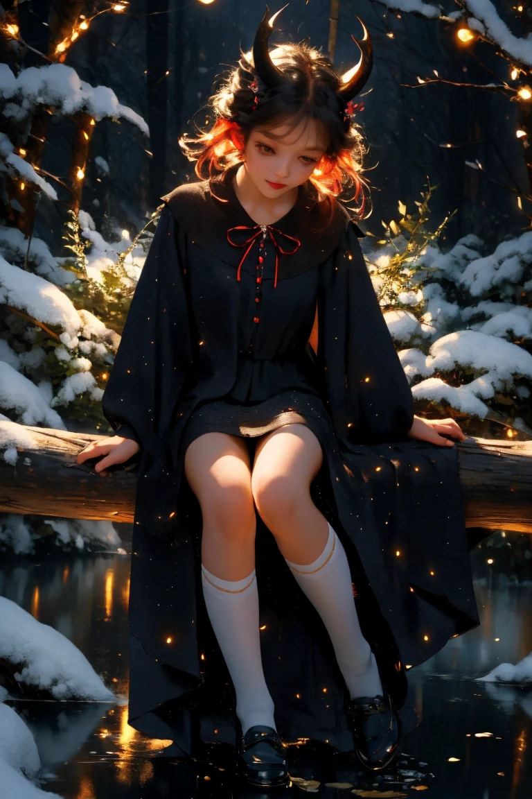 uhd, 4k, textured skin, good quality, High details, ​masterpiece, best quality, (Amazingly absurd:1.2), (​masterpiece:1.2), 1 Vampire Girl sitting on tree branch looking down at viewer, sieht auf dich herunter, little wings, little horns, dress with ruffles, evil smirk, glowing eyes, shiny hair , fullbody, two colored hair, hairbow, black knee socks, Kawaiitech, soft colours, Kawaii, Beautiful colors, studio lighting, (Forest:1.5), (Rain:1), (Night:2), 