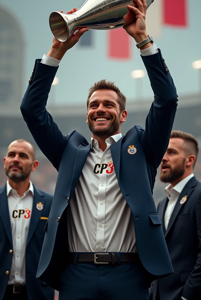 Generate a picture showing earling halland raising a cup named cp3 is a champion clearly.halland should wear a normal suit at a front shirt named Cp3 .write a word CP3 on a suit.put a face of pep gardiola.put a word CP3 on a shirt that seen clearly .put CP3 infront a suit