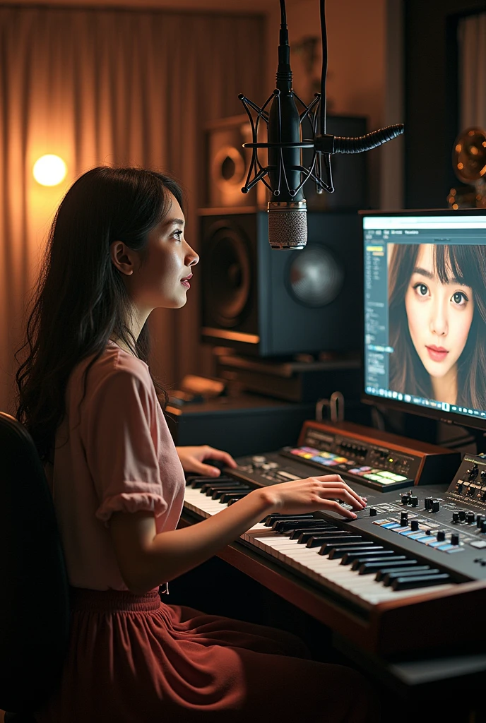 I created a photo with my face in a music recording studio, with synthesizers, horns, etc. and recording a girl singing into the microphone.