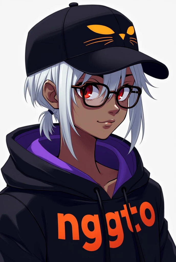 young man, Black skin tone, dark red eyes, wears prescription glasses, White hair, hair tied with ponytail, 2 strands of hair in the front, wears a black cap with a cat face, wears a closed hood with two different colors, black on one side and purple on the other, with an orange name written: NGGTO