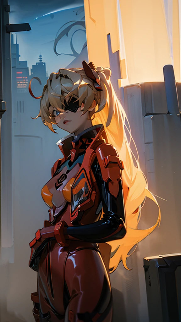 est quality, (extremely detailed CG unity 8k wallpaper), (best quality), (best illustration), (best shadow), (serious), ((city in the night)), (absurdres), abyss, realistic lighting, , masterpiece, best_quality sci-fi, 1girl , (side), kiana kaslana, kiana vd, eyepatch, asuka cosplay costume, cosplay, plugsuit, bodysuit, hair ornament, ponytail, latex, shiny