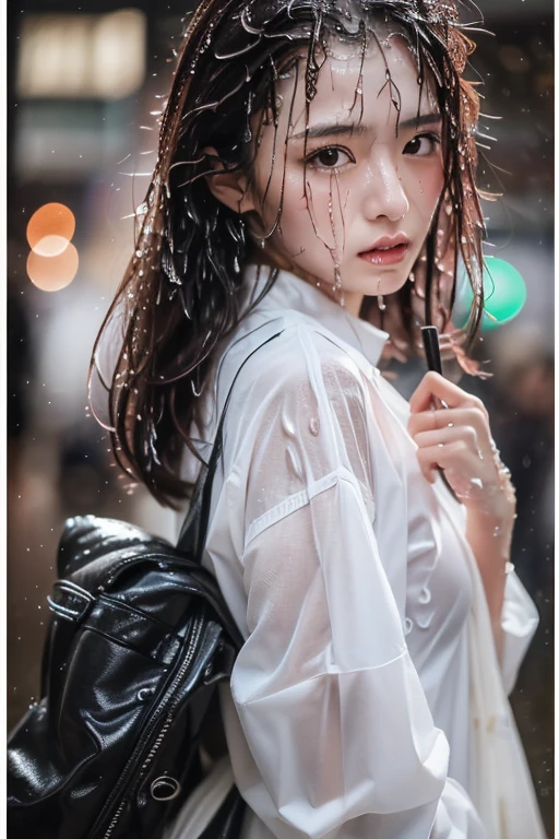 Best image quality, masterpiece, Ultra-high resolution, (Loyalty :1.4), Pretty Japanese woman, 1 person, Detailed face, Detailed eyes, Correct human anatomy, ,tears, (White browse), (Wet clothes stick to the body:1.4), (Wet Hair), Heavy Rain, Shibuya Crossing, nipple slip