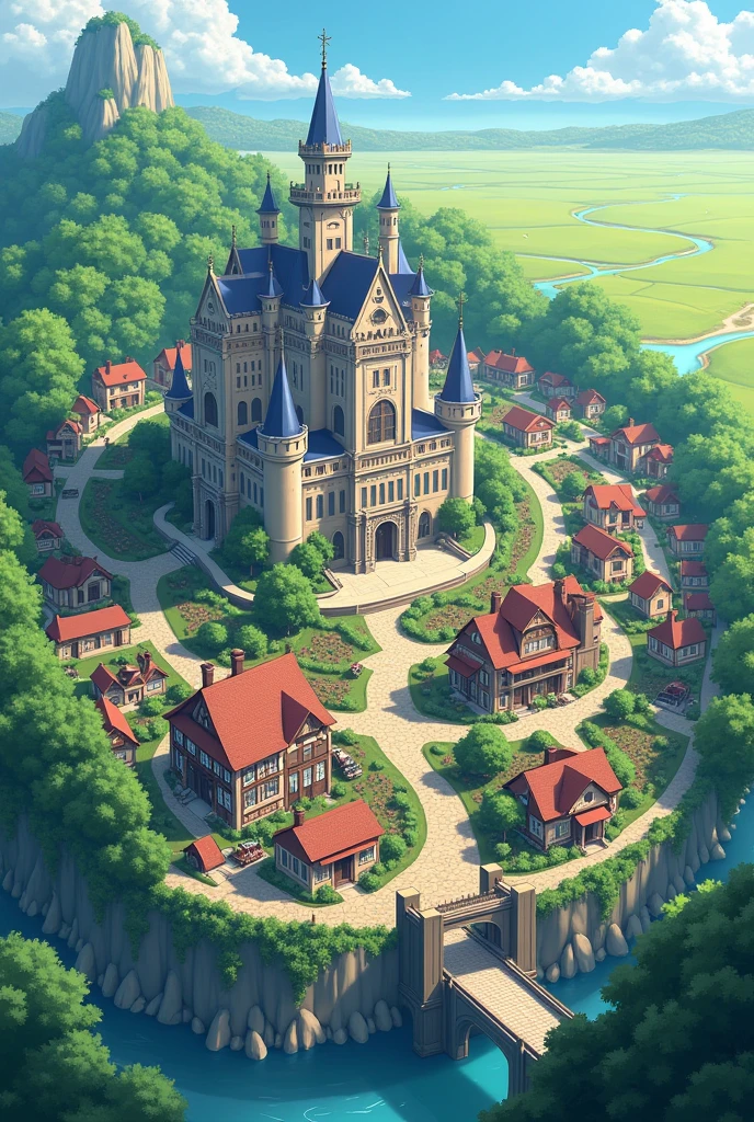 アニメ, anime city, in the center a large castle on top of a hill, circular city surrounded by walls with a large exit gate with a bridge, around the city a forest and a plain, on the right side a mansion, on the main street shop cabins, isometric view, add more houses around, image horizontally