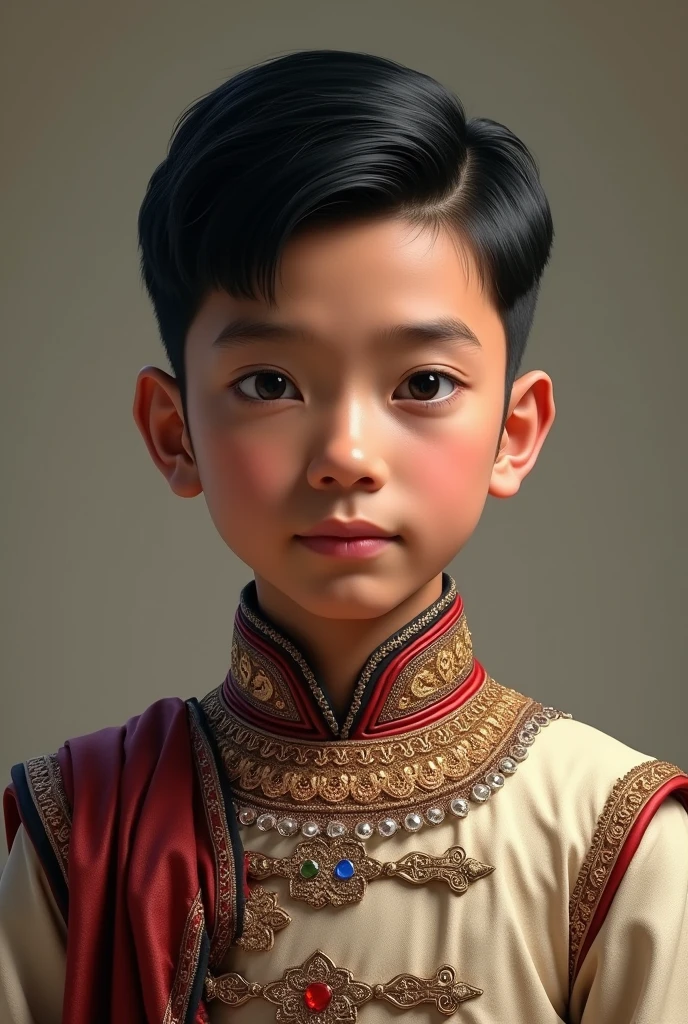 Nepali boy having  light black  hair The side-parted comb-over and eyes and light skin  who looks realistic as possible and human  prince outfit 