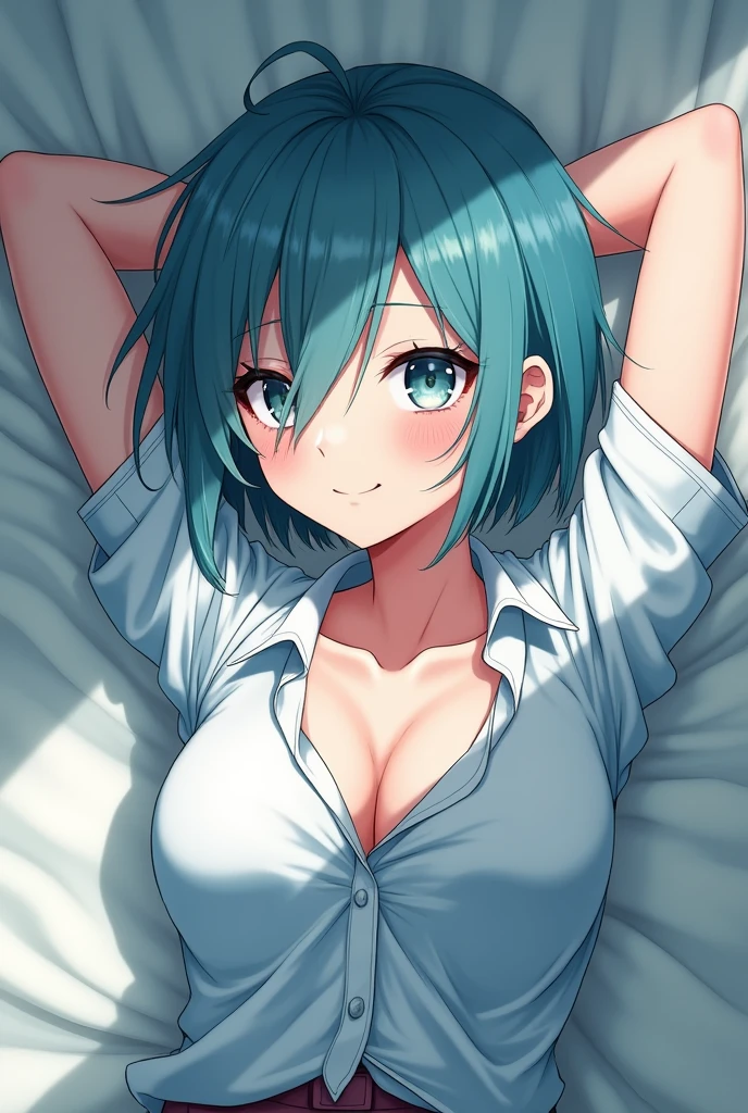 a female character lying on her back with her hands behind her head, showing a slight smile on her face. She has Her hair, an unusual cyan shade, cut into a chic, asymmetrical bob that frames her heart-shaped face. The locks tend to fall haphazardly over one eye, giving her a perpetually coquettish look. She has an hourglass figure, accentuated by her tight, low-cut school uniform tops that show off her full breasts. and tied into a high bun. The character is wearing a partially unbuttoned shirt, revealing a bit of her bust. She is lying on a flat surface that appears to be the floor, in a closed environment. The perspective of the image is slightly tilted, which gives a feeling of closeness and intimacy to the scene. If I were to color the image, I would choose the following colors: 1. **Hair**: Cyan hair, to match the anime/manga style that appears to be the character's origin. 2. **Eyes**: A soft light blue tone, to enhance the facial expression. 3. **Shirt**: White or a shade of light blue, which are common colors for women's uniforms or dress shirts. 4. **Skin**: A light, rosy skin tone. 5. **Environment**: Neutral tones, such as gray or beige for the floor and walls, keeping the focus on the character. These colors would maintain the soft, pleasant tone of the scene while highlighting the character's details. Below the image in a pink and fun text should be written "A vagabunda do ensino médio" make a beautiful and elegant font for a book cover it could be a serif with delicate details, A serif font, with thin and curved strokes, conveying sophistication and timelessness, the letters must be in pink. do it anime style