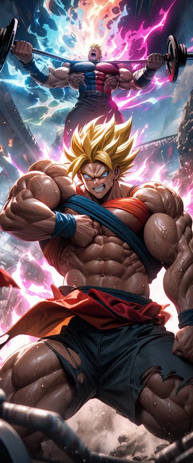 (Gym scene) Goku lights up at the gym, Intense training, Muscular physique, dripping sweat, Targeted expression, flexing of muscles, bulging biceps, Torn ABS, Poids lourds, Vibrant energy, puissance explosive, Mouvement dynamique, determination, Passionate training, Adrenaline, Super Saiyan aura, couleurs vives, Vibrant atmosphere, Gymscape, Energy beams, Intense training, Repousser les limites, Training Assembly, Train like a warrior, Condition physique optimale, Muscle definition, High-intensity training, sculpted physics, Epic transformation, Courage and determination, Iconic pose, Fiery energy, Fierce determination, Guerrier de gymnastique, Sculpter le corps parfait, Force surhumaine, Repousser les limites, Mastery of weightlifting, Endurance incroyable, Goku's unstoppable spirit, Le voyage vers la grandeur, Unlimited potential.