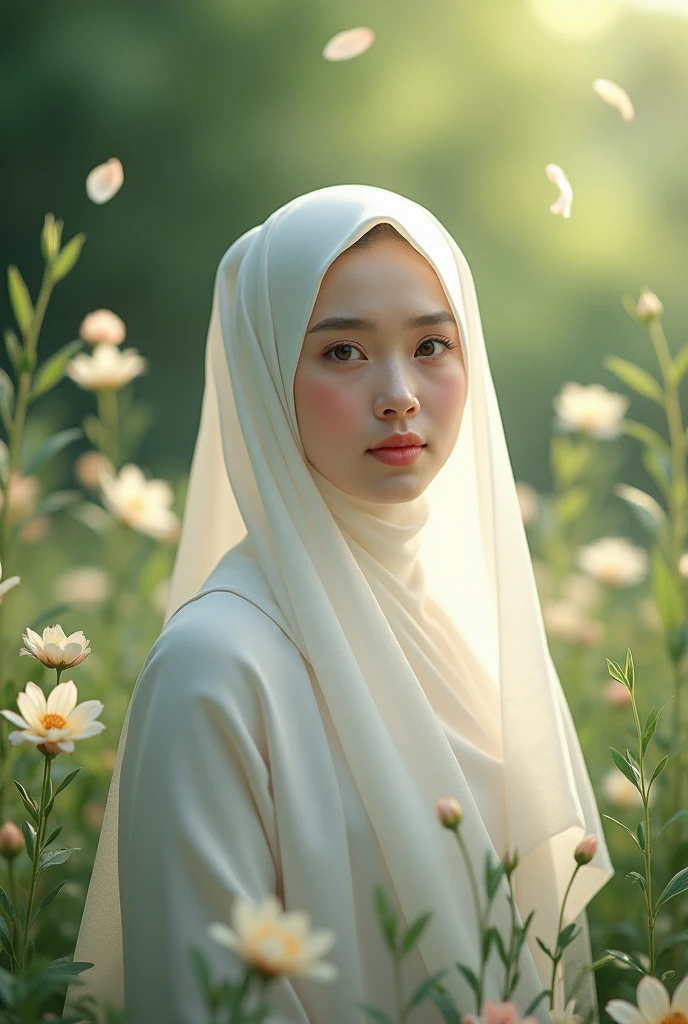 Hijabic beautiful Girl at garden in White dress