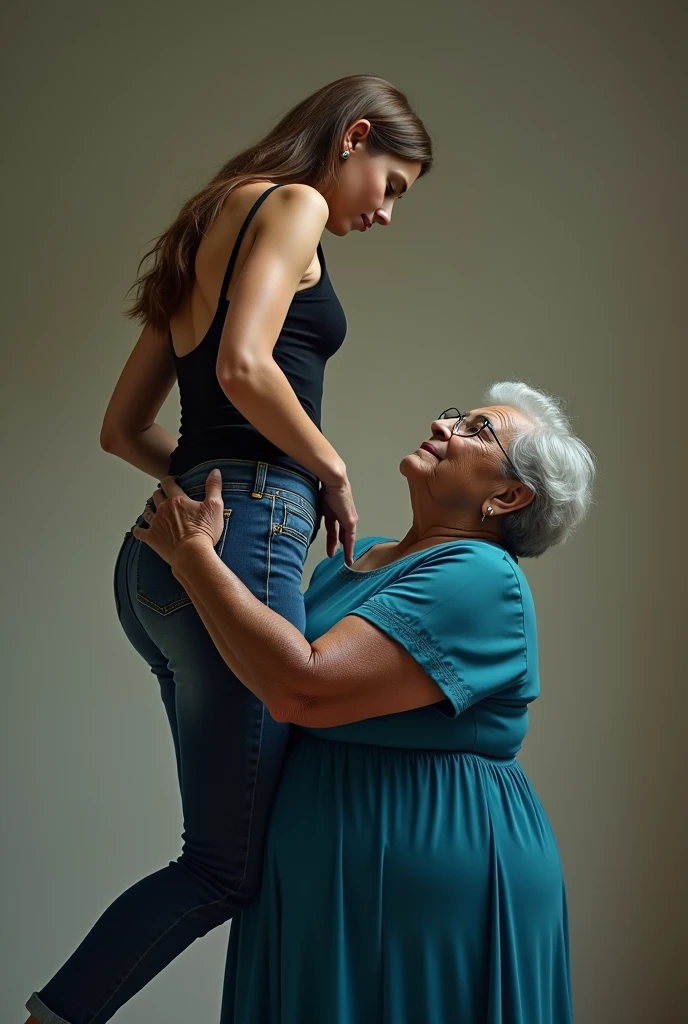Create a photo of a 30 year old young woman, with a slender and beautiful body, wearing a black low-cut tank top and jeans, with white and clear skin, with long light brown hair and has her back to the camera as she is lifted high up by her butt by an obese black 90 year old elderly lady, dark black skinned, who has short hair, who wears glasses and a blue dress