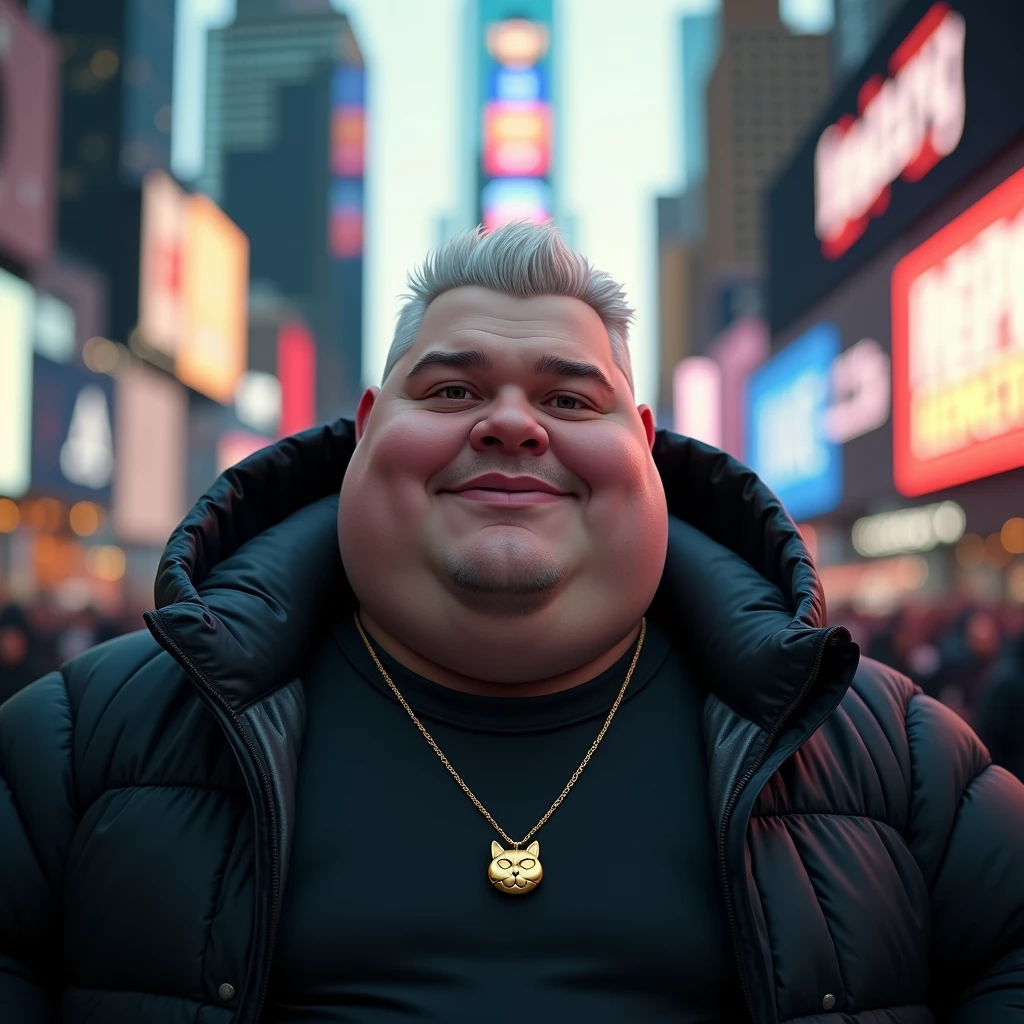 ((( best qualityer))) (((high resolution))) (Realist 8K) make a fat young man's fat face. he has white hair combed to the side and short on top,and on the side a gradient until it becomes bald. wearing a black winter jacket with the hood open over his head with a mystical air. wearing a gold necklace with a cat on the pendant. as if he were parading through Times Square