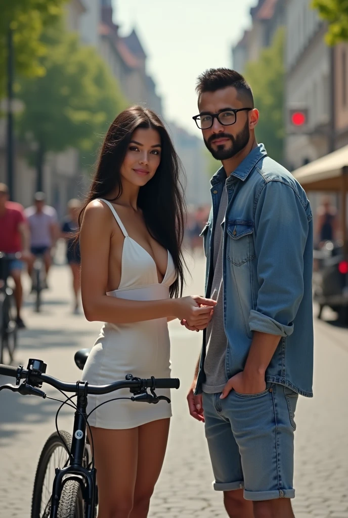 Like real photo, pasr about 4,she is about 175cm tall, black long hair wearing white short sexy dress,he is about 185cm tall, 
shaved,blue short denim shorts and denim shirt,with glasses, black short hair,  start a bike tour in Leipzig,both look at me