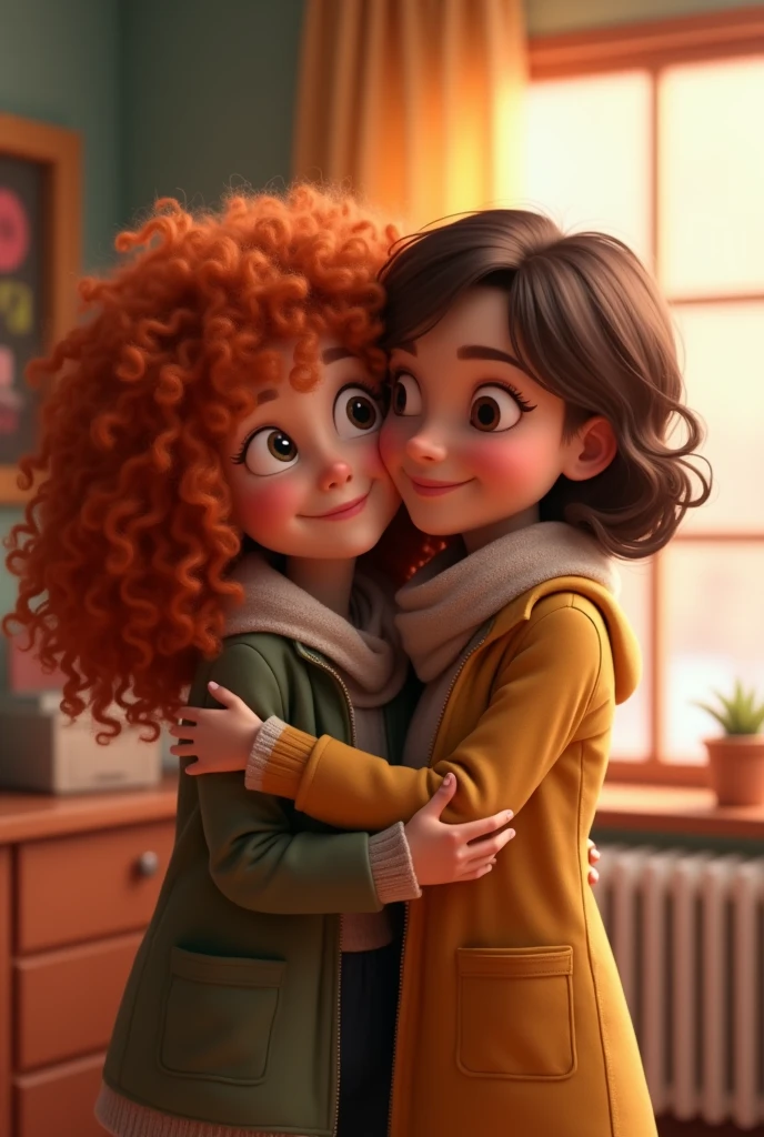 Me: White, light brown almost honey eyes, long curly copper-blonde hair type 3A, 159cm tall 2. My teacher: Woman, short brown hair, wears glasses, brown eyes, smiles a lot. 164cm tall. 6. Both in coats hugging and smiling Pixar-like art.