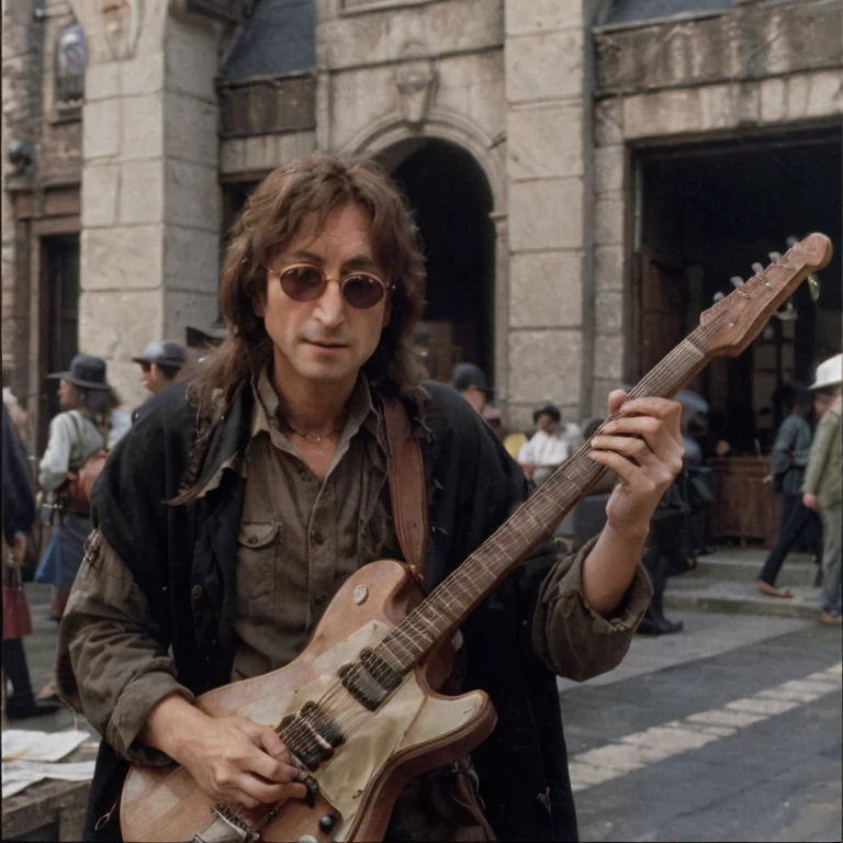image of john lennon with long hair wearing an outfit from the movie lord of the rings, playing his guitar at a medieval fair