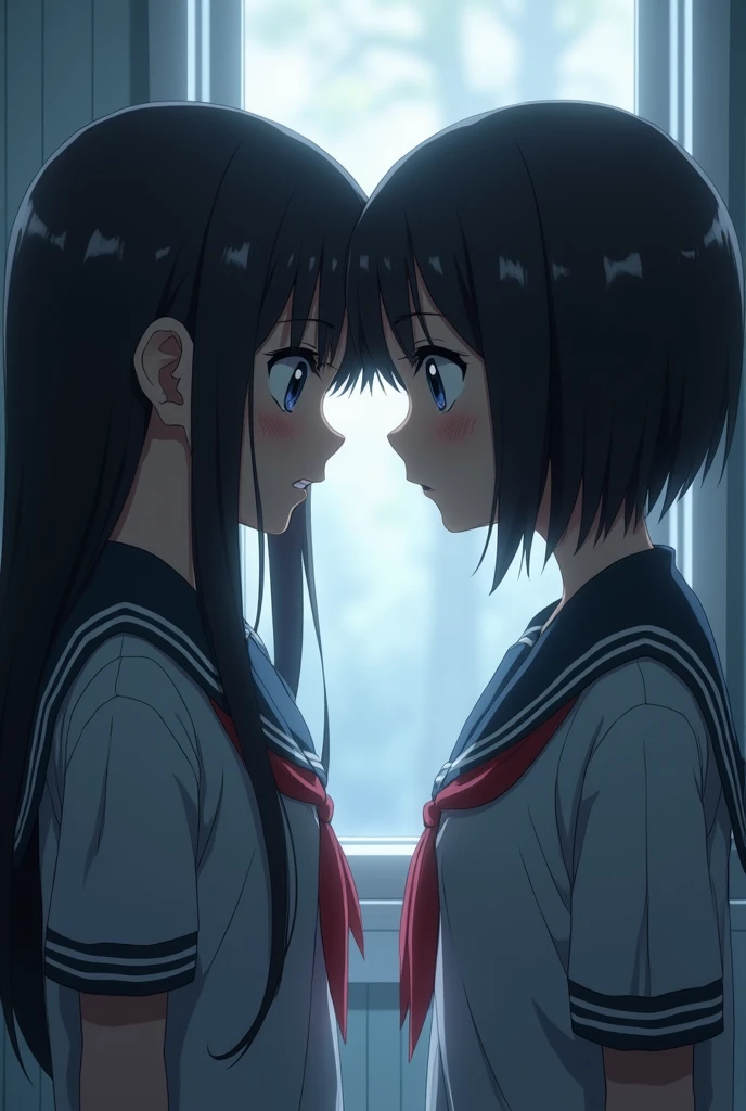 Two Japanese high school girls wearing school uniforms looking at each other,One of the girls, with long black hair and bangs, looked angry.,A black bob head with a sad expression。