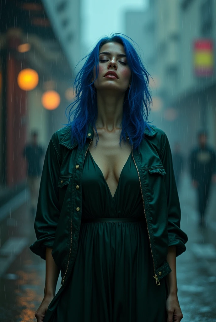 A woman in her 20s with blue hair , waering a dark green satin dress with a jacket and soaking in rain and she's smirking with her eyes closed