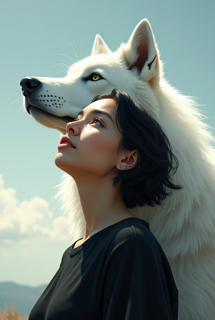 Une femme métisse avec une chemise noire cheveux courts yeux marrons clair qui regarde le ciel avec un loup blanc derrière avec des longs cheveux noirs
