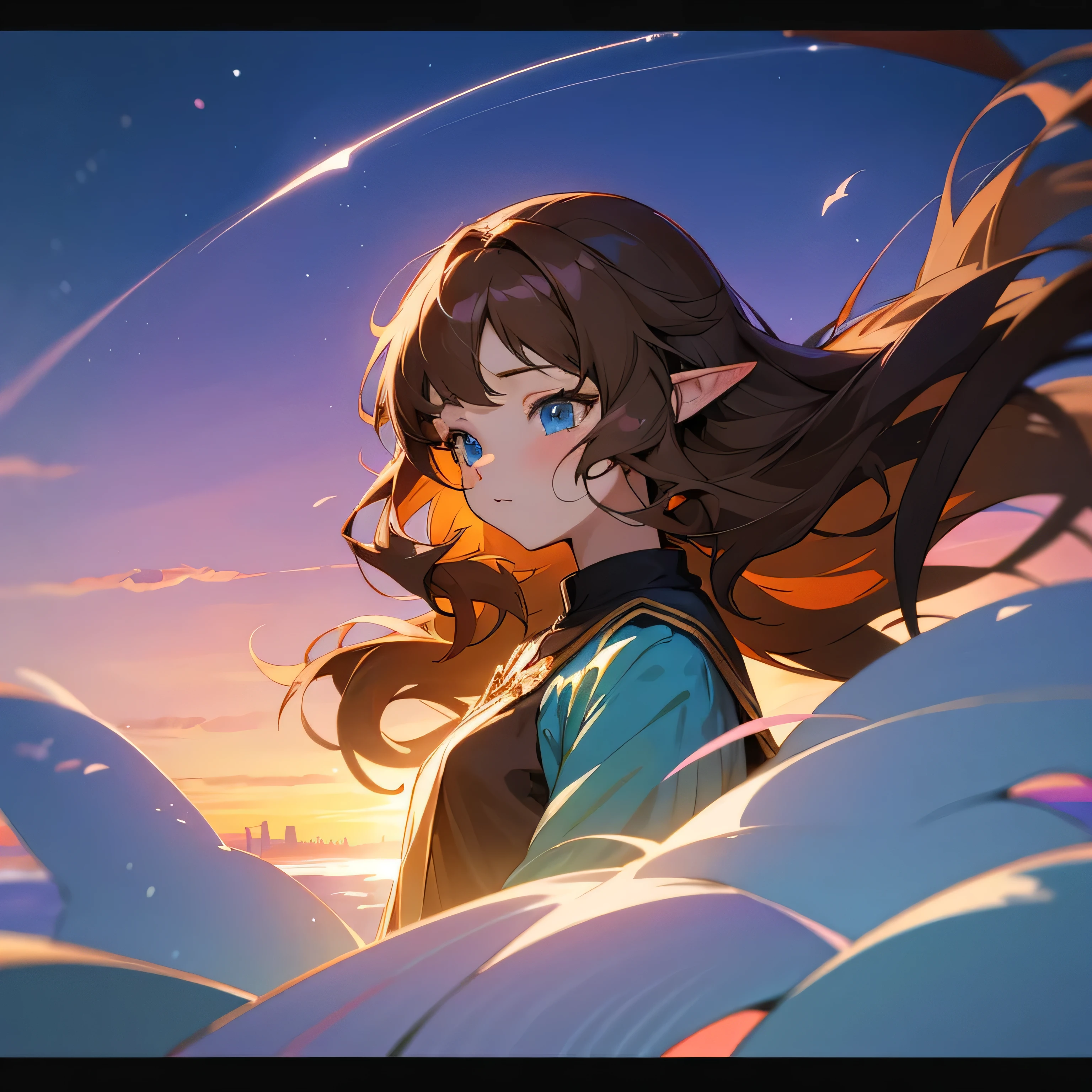 anime girl fairy, brown hair anime girl, fairy wings, fantasy anime girl, elf ears, anime girl with long hair, anime girl with blue eyes, wavy hair, anime visual of a cute girl, lofi girl, anime style 4 k, young anime girl, anime artstyle, artwork in the style of guweiz, beautiful anime portrait, plain background, soft anime illustration, graphic design, circle design, circle