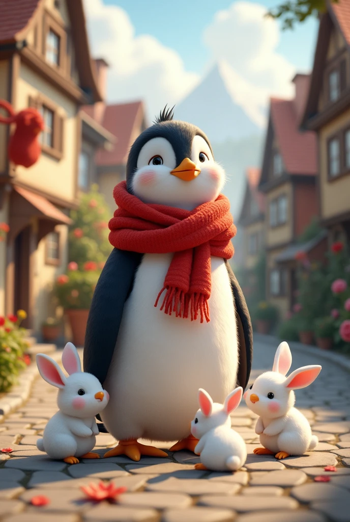A penguin wearing red scarf with 3 white tiny rabbits in the village