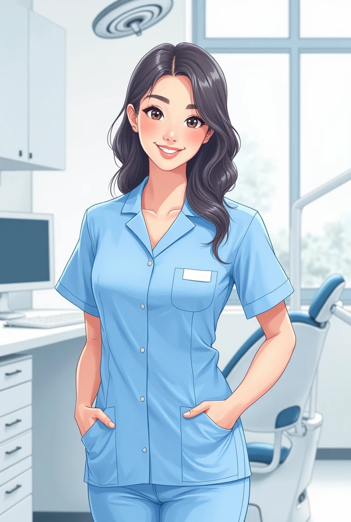 Drawing of a dental nurse in a light blue uniform