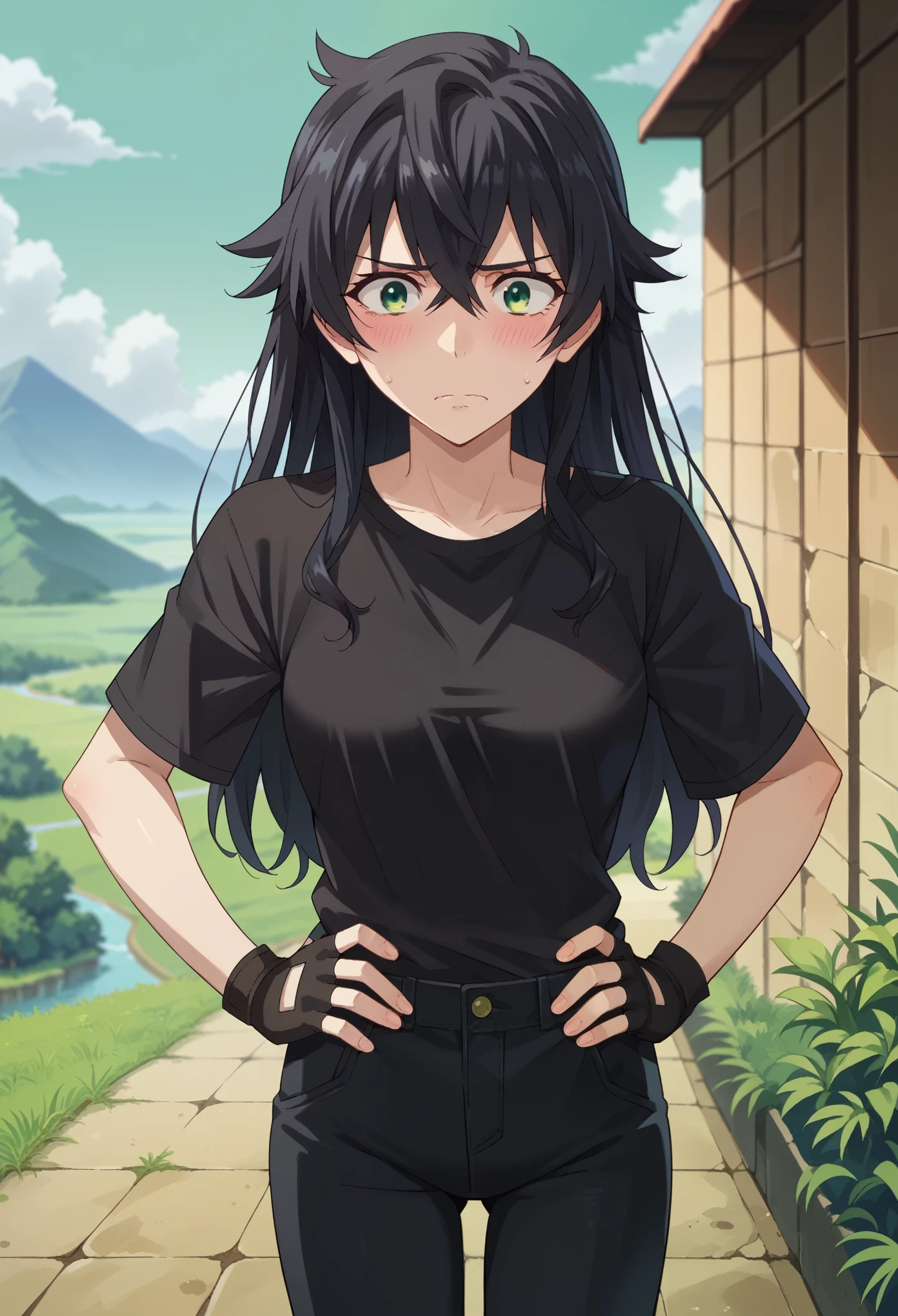 score_9, score_8_up, score_7_up, 1girl, solo, (female:1.5), female focus, iwatani naofumi, black hair, long hair, green eyes, black shirt, pants, fingerless gloves, black pants, standing, blushing, nervous, hands on hip, looking at you, landscape,