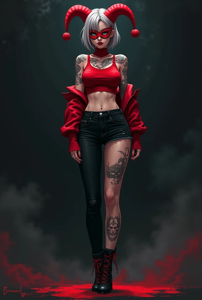 tall woman with tattoos on her right leg, short hair and black jeans and a red top with sleeves and a jester mask that covers his face, black and red, anime version