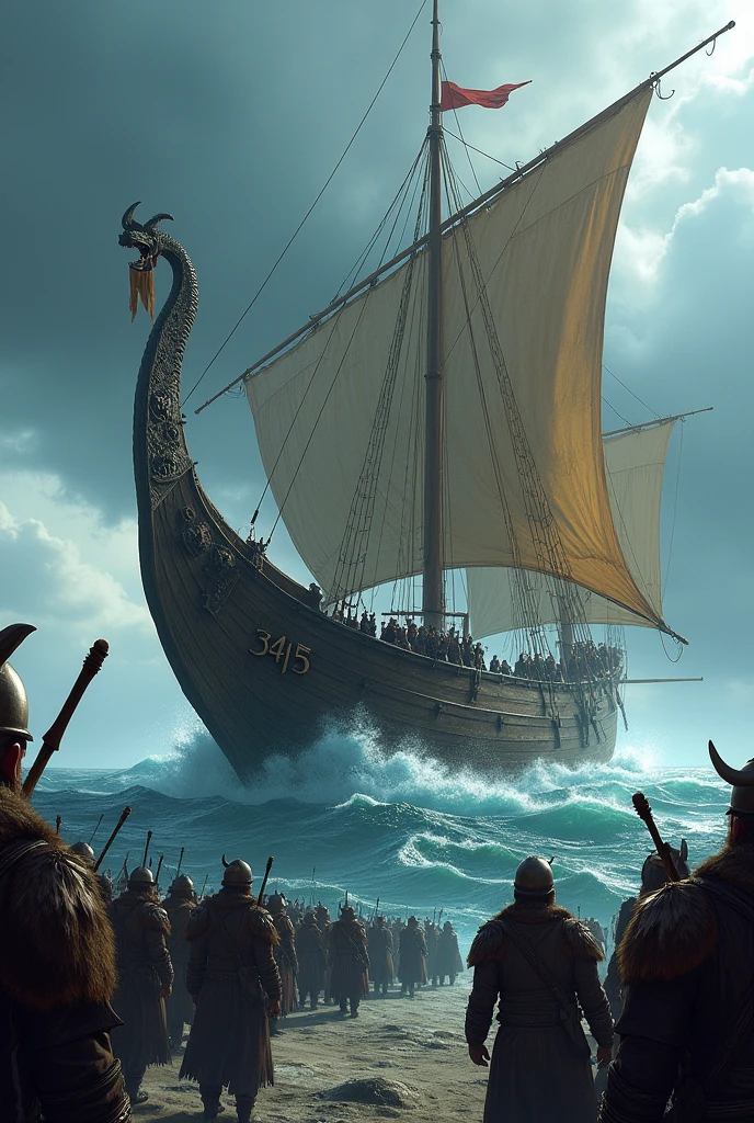 A giant Viking ship full of warriors with the inscription 3415 on the hull