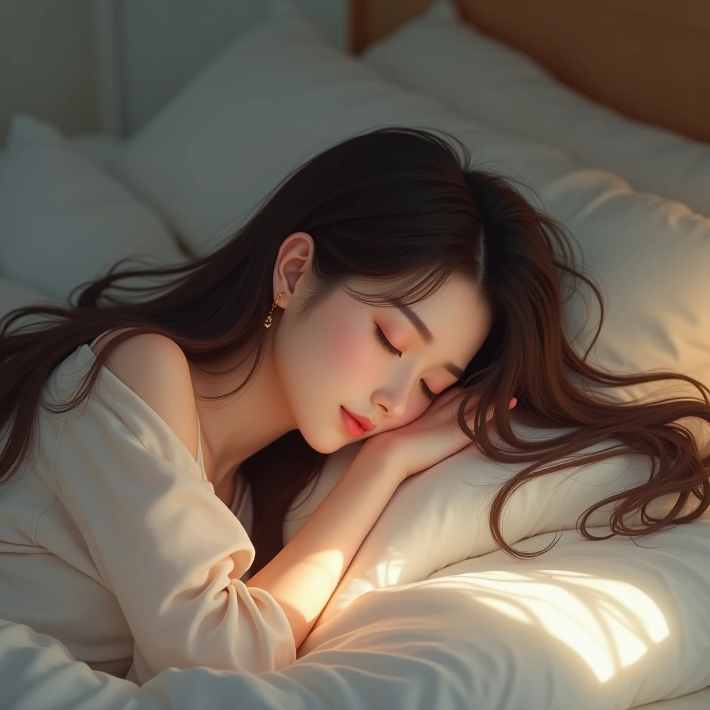 A beautiful brunette long-haired chinese girl sleeps peacefully with her hair on her arm