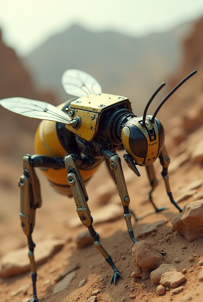 A square robot bee with a background where the drought caused by mining is noticeable
