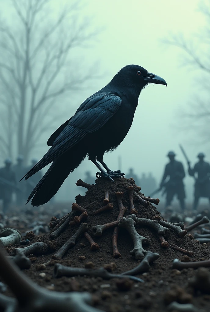 mobile wallpaper of a black crow on a pile of bones in a war field while soldiers fight in the background