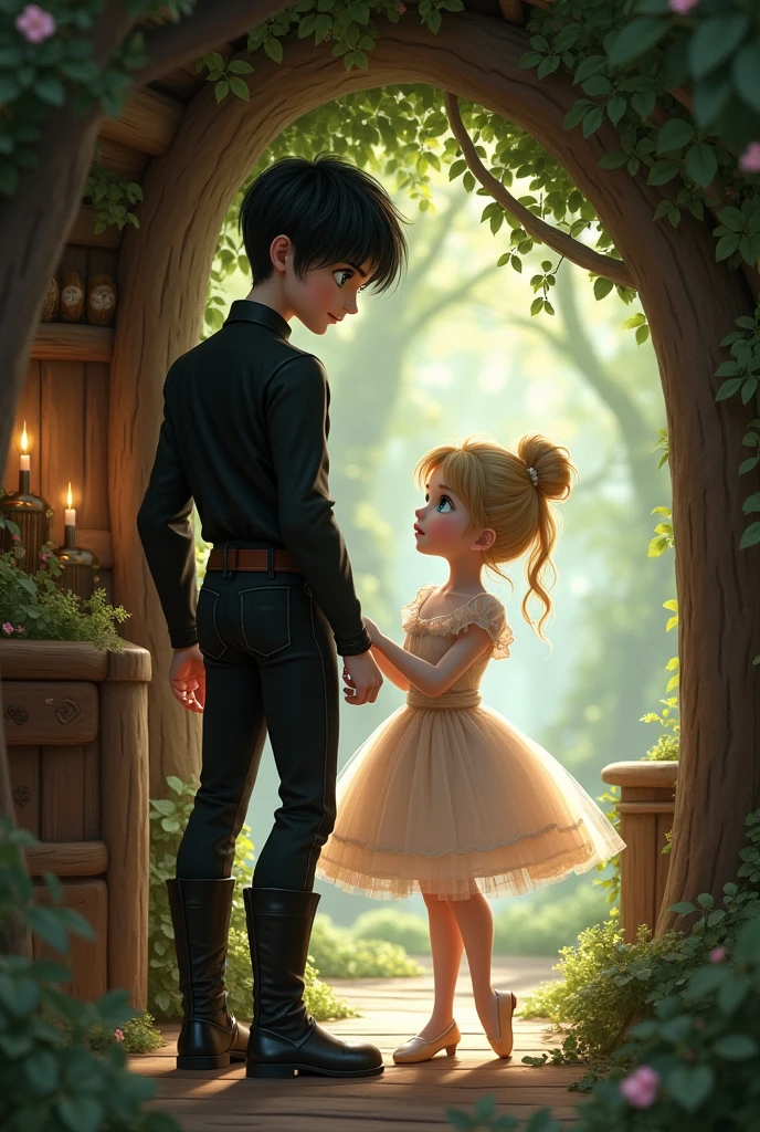 Create an image of a tall young boy, blackquality hair, eyes black, Pele branca como a neve, bonitas, sem beard, black clothes and boots, and a blonde girl with straight golden hair, blue colored eyes, Pele branca como a neve, dressed as a ballerina, the two of them in a tree house