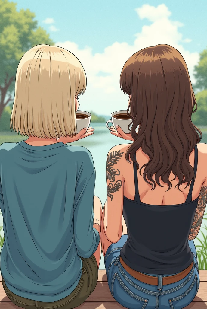 Un dessin de type manga de deux filles assises l'une à côté de l'autre de dos qui boivent un café dans la nature. We only see their backs. The first girl has platinum blonde hair with a very straight bob cut that stops at the shoulders and a blue sweater.. The second one has very long brown wavy hair and a black tank top.. She has her entire right arm tattooed. Toutes les deux sont de dos et regardent à l’horizon avec leur café.