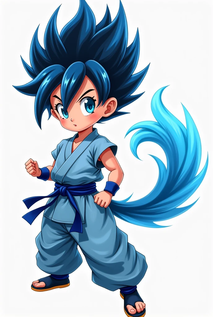 (photorealism:1.2), Cute, anime girl,   , wearing light blue dougi, with a blue tail,blue eyes, blue and black spikey hair, saiyan 