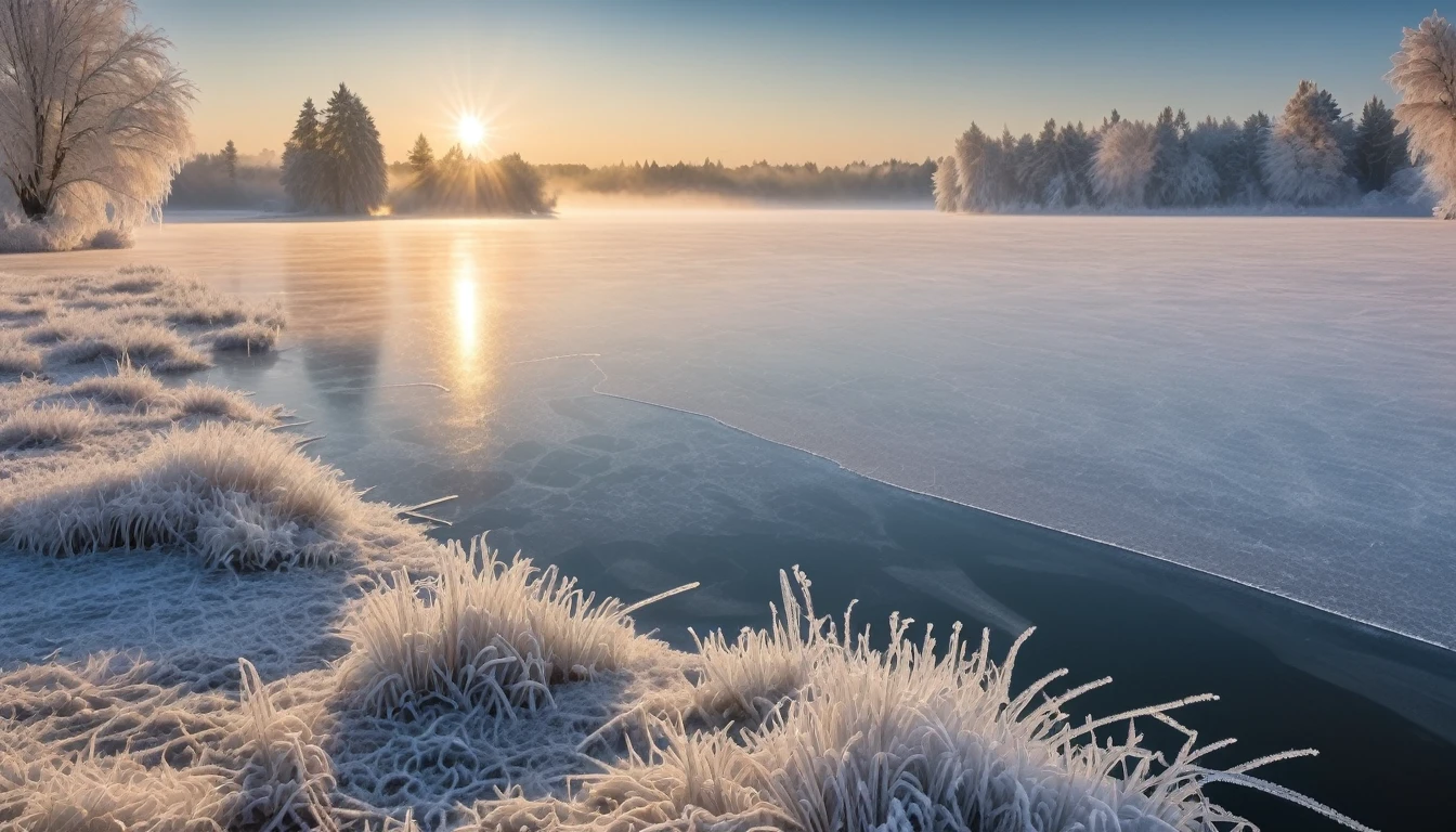 Frozen lake, morning dawn, severe frost, frost, snowing, 4k, high resolution, high detail, random angle, hyperrealism, 300mm, f/10.0, 1/1600ms, HDR