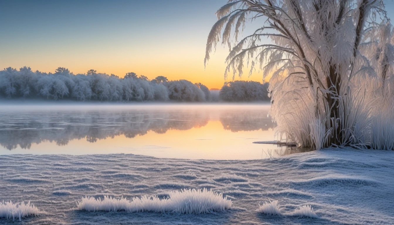 Frozen lake, morning dawn, severe frost, frost, snowing, 4k, high resolution, high detail, random angle, hyperrealism, 300mm, f/10.0, 1/1600ms, HDR
