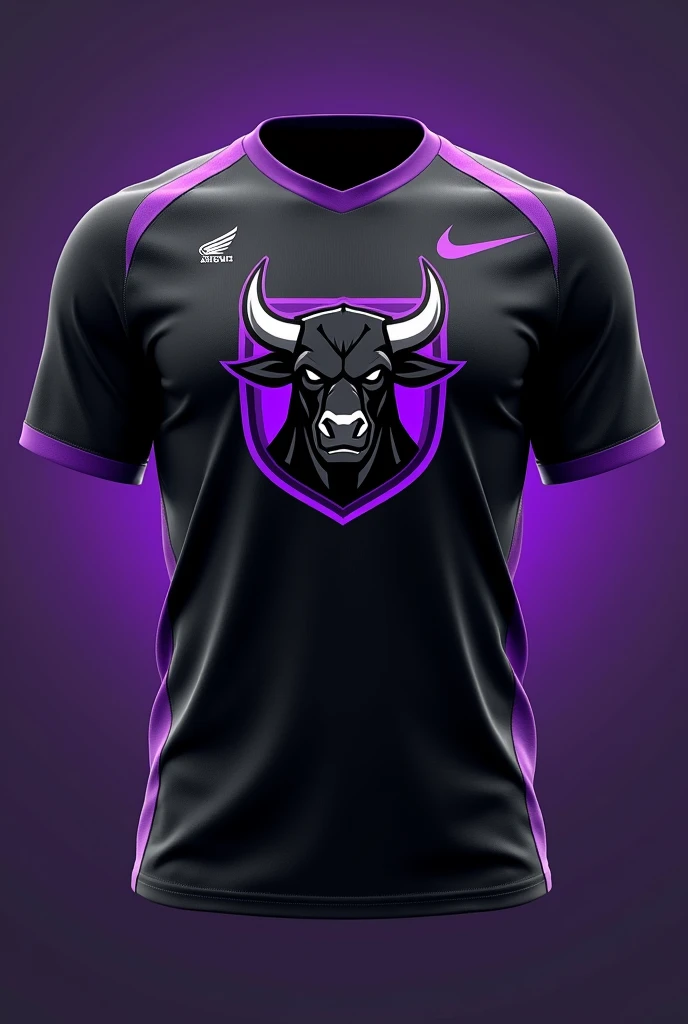 make a black interclass shirt with purple details, the team mascot is a fighting bull, make the bull smaller as if it were a shield on the chest, and he has to be braver