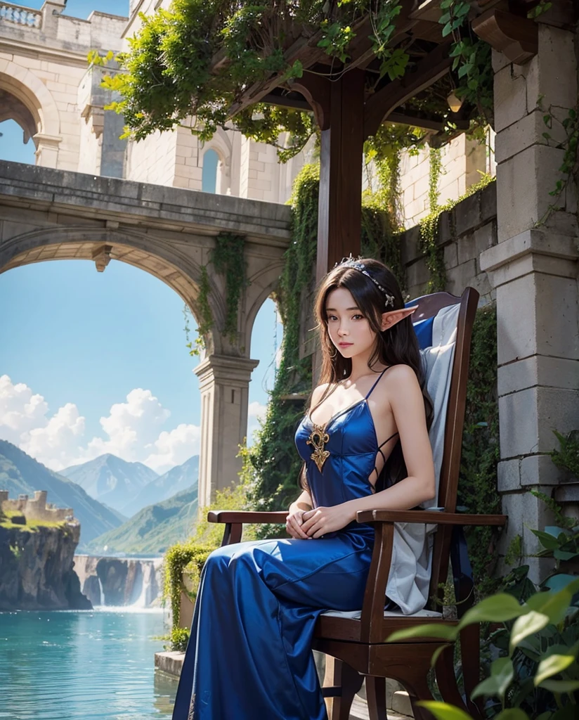 Please generate a picture of a man sitting on a deck chair on the balcony of a castle for my online novel,The female elf behind him is extremely beautiful and high-definition picture,This is its introduction:Asteroid impact,Earth Destruction,Shi Yan accidentally traveled to the end of the world,You start with an island and a sexy beauty?!Summoning Arms,Development territory,Conquer the world,There are all kinds of beauties around!Let's see how the scumbags fight back,Building an Empire in the End Times,Sitting on the land and the beauty!