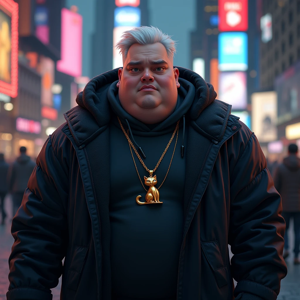 ((( best qualityer))) (((high resolution))) make a fat young man's fat face. he has white hair combed to the side and short on top,and on the side a gradient until it becomes bald. wearing a black winter jacket with the hood open over his head with a mystical air. wearing a gold necklace with a cat on the pendant. as if he were parading through Times Square