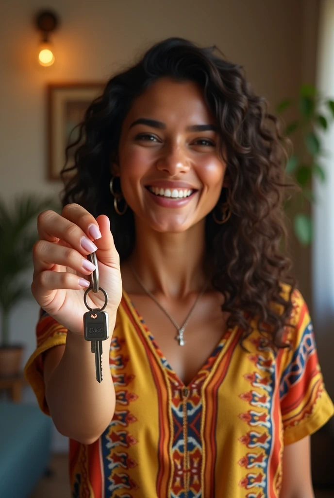 (photorealism:1.2), Venezuelan woman with the keys to her first apartment 