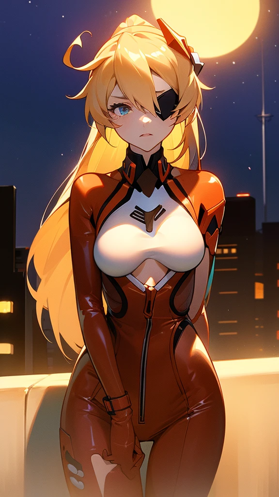 est quality, (extremely detailed CG unity 8k wallpaper), (best quality), (best illustration), (best shadow), (serious), ((city in the night)), (absurdres), abyss, realistic lighting, , masterpiece, best_quality sci-fi, 1girl , (side), kiana kaslana, kiana vd, eyepatch, asuka cosplay costume, cosplay, plugsuit, bodysuit, hair ornament, ponytail, latex, shiny