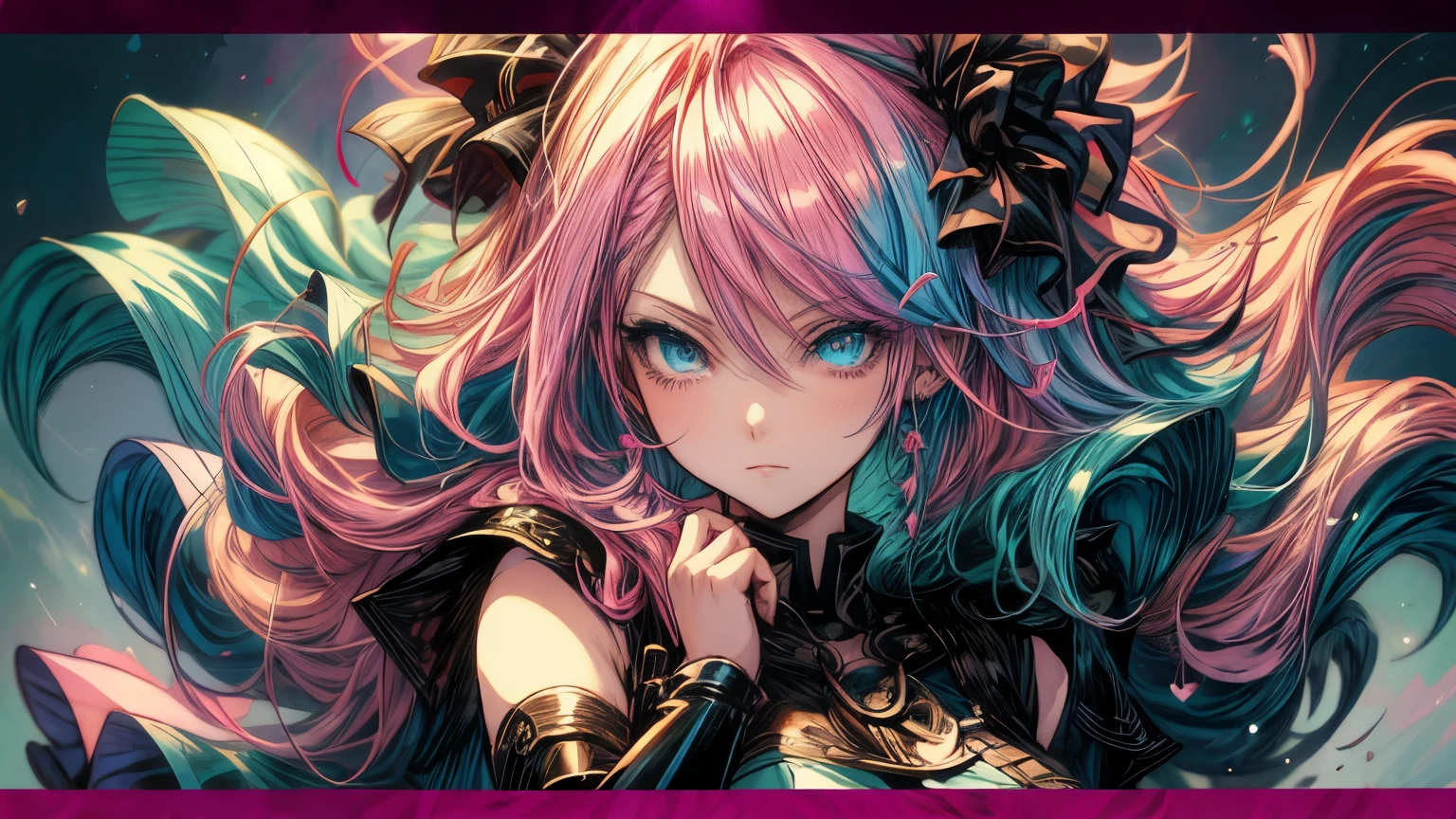 Anime girl with pink hair and blue eyes wearing a blue dress., portrait, Knights of the Zodiac, , detailed digital animated art, hermoso portrait animado, anime girl with cosmic hair, Pink hair and cyan eyes., 4K anime style, digital animated art, anime fantasy illustrations, anime fantasy illustration., anime in fantasy style, portrait chica anime, Detailed anime character art