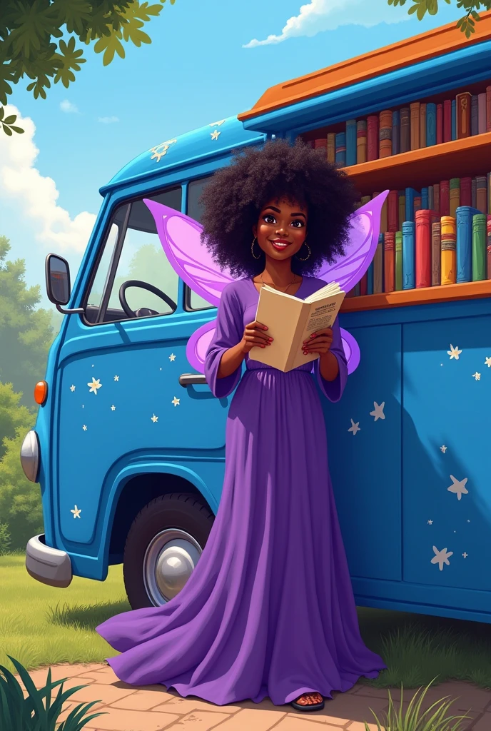 Drawing of a black teacher with curly hair, dressed as a purple fairy, with a long dress, with a pamphlet in his hands, next to a very colorful blue van that is full of books inside.
