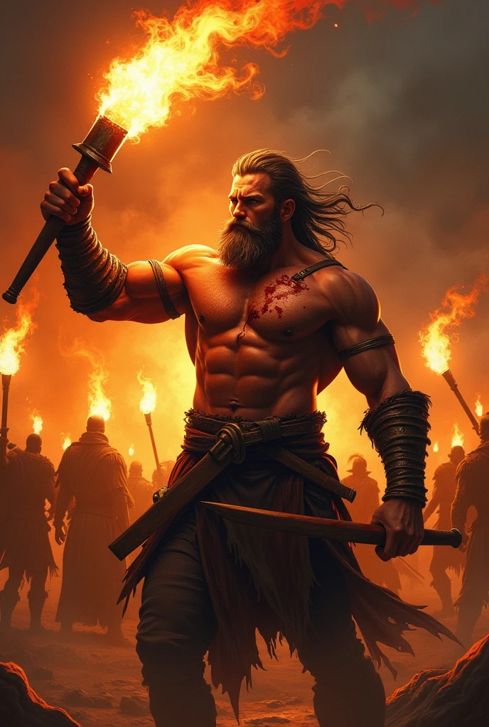 Create a dynamic and intense poster featuring a flexible body, but not bulky muscular body, holding a burning torch in his hand. The warrior should have long, wavy hair, a thick beard. His attire should consist of a sleeveless, rough-textured garment, emphasizing his powerful arms, with blood.Surround him with a dark, chaotic background filled with flickering torches, and a crowd of shadowy figures in the distance. The overall color scheme should be warm, dominated by shades of orange and black, creating a fiery, dramatic atmosphere. The mood should be intense and full of action, capturing the essence of a legendary warrior ready for battle.