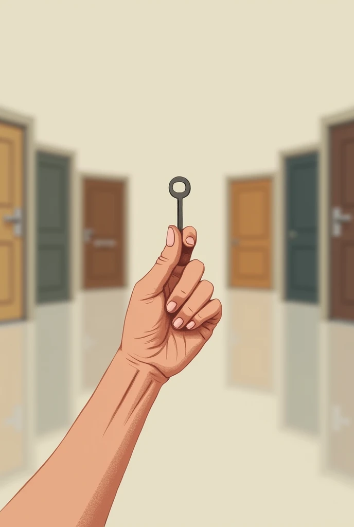 A simple, well-defined hand holding a single key. The hand is in the center of the image, with the key clearly visible and held firmly between your fingers. In the background, There are several doors, but they are slightly out of focus to focus attention on the hand and the key. Doors vary in design, but they are not the main focus. The background is simple, with neutral tones, allowing the hand and key to stand out as the key elements of the illustration. The scene conveys the idea that the only key in your hand is the most valuable thing., compared to the multiple doors in the distance.
