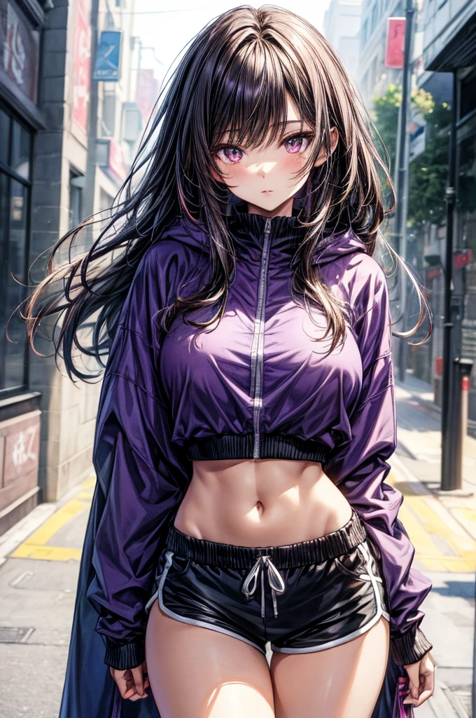 (Sketch)), ((Watercolor)), ((best quality)), ((masterpiece)), (detailed), 4k image, anime style, beautiful young girl, tanned white skin, sharp facial features, arrogant and disdain expression, oval shaped face, full cherry pink lips, big round velvet colored eyes, D-cup breasts, slender and toned body, White colored tight oversized hoodie reaching thighs, dolphin shorts, long Sleek dark violet purple-black hair, flowing waist length hair, narrow waist, full curvy hips, tall height(175cm)